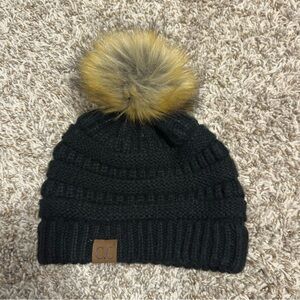 Black Knit Pom-Pom CC Beanie